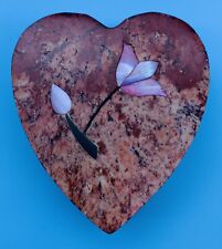 VINTAGE HEART BOX MOTHER OF PEARL FLORAL INLAY SOAPSTONE RING BOX TRINKET BOX picture