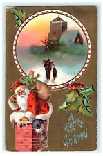 1909 A Merry Christmas Santa Toys Climbing in Chimney - Posted View picture