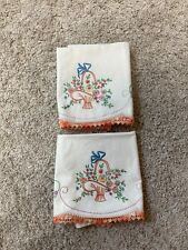 Vintage Pair Hand basket  Embroidered and peach Crochet Pillow Cases  GUC picture