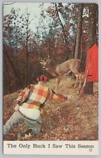 Animal~Deer-Buck in Forest in Fall~Hunter Reaches for Gun~Vintage Postcard picture