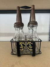 Polly Gas Motor Oil Spout Cap Glass Bottles Lot Of 4 with Wire Rack picture