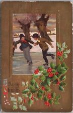 HAPPY CHRISTMAS Embossed Postcard Children ICE SKATING Frozen Pond 1908 Cancel picture