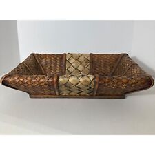 Vintage Rectangular Lattice Grass Bamboo 2 Toned Stained Basket 11x 16 x 4 picture