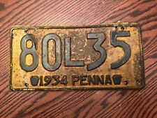 1934 Pennsylvania License Plate 80L35 Yellow Penna PA Rust Authentic picture