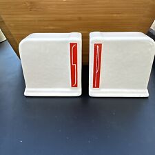 Vintage Art Deco Ceramic White Salt and Pepper Shakers Red Stripe picture