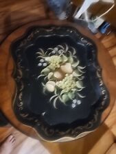 Black Antique Tole Tray w/Gold Fruit Scrolling Hand Painted Wall Hanging 25”X20” picture
