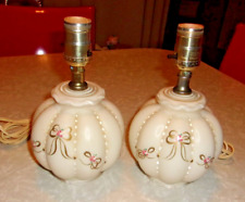 Vtg Pair Bedroom Lamps Milk Glass Painted Ribbon Design picture