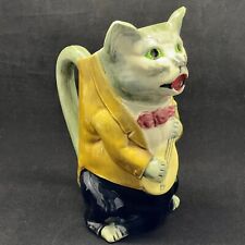 Anthropomorphic Tabby Cat Playing Mandolin Large Pitcher French Majolica Pottery picture