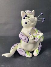 Amy Lacombe Whimsiclay Cat Figurine Holding Teapot White And Purple 2003 picture