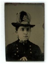 CIRCA 1860'S Gem Size TINTYPE Lovely Older Woman Wearing Ornate Hat picture