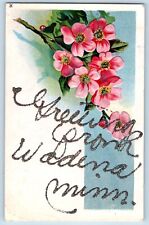 Wadena Minnesota Postcard Greetings Pink Flowers Glitter Embossed c1910 Vintage picture