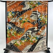 65.7inc Japanese Kimono SILK FURISODE Flowers Running water Cream picture