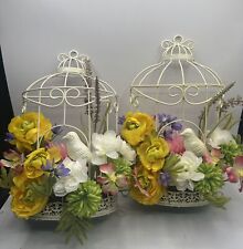 Vintage White Metal Bird Cage Wall Hanging With Flowers Bird Lot Of 2 Wire picture