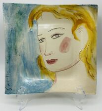 Old Hand painted & artist signed pottery Textured 10” tray girl portrait w/stand picture