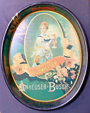 BUDWEISER ANHEUSER-BUSCH Metal Beer Tray Vintage Oval 1886 German Barmaid picture