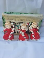 Vtg. 1950s Napco Ceramic Christmas Candy Cane Bell Angel's. Set of 3. IOB #809 picture