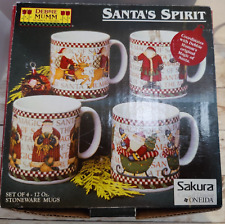 Set of 4 Debbie Mumm Santa’s Spirit Sakura Oneida Coffee / Cocoa Stoneware Mugs picture