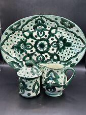 Green Mexican Pottery Cream & Sugar Set With Service Tray  picture