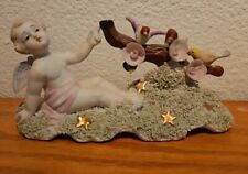 Vintage Lefton BIsque Porcelain Figurine Cherub  Cloud  Birds Flowers 6 X 3