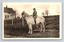 RPPC Woman on Large White Horse at Hillside Farm Homestead Real Photo Postcard picture