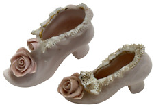 Vintage Lefton Pink Roses Porcelain Miniature Ladies Shoes Ruffled Edges Dress picture