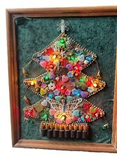 Vtg Kitschy 3D Christmas Tree Framed Picture Artwork Collage Lights UP 11x14 picture