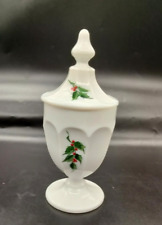 VTG Westmoreland Milk Glass Hand Painted Holly &  Berry Compote Candy Dish picture
