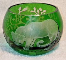 Vintage Small Green Glass Cut to Clear Tiger Panther Big Cat Votive Bowl picture