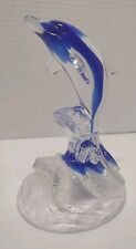 Art Glass Cobalt Blue Dolphin On A Clear Wave Figurine 6” Murano-Style Art glass picture