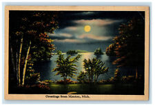 c1950's Moonlight Scene, Greetings from Manton Michigan MI Vintage Postcard picture