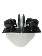 Vintage Anglo/India Hand Carved Ebony Wood Elephant Bookends 8” x 7” Each picture