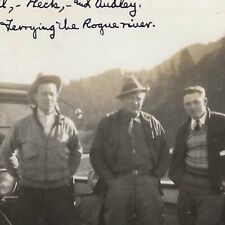 Vintage Snapshot Photo Three Dapper Men Ferrying Rogue River Oregon Car 1920s picture
