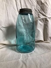 Antique 1900-1910 Blue Glass BALL Mason Jar with Porcelain Metal Lid 9 inch picture