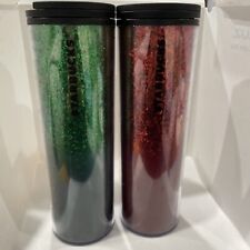 Starbucks Glitter Set Of Tumblers 16 oz Travel Cup Twist Top Lid Red & Green picture