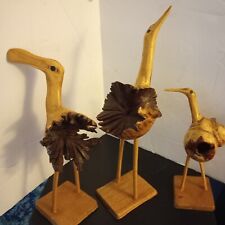 Vtg Artisan Balinese Tree Root  Art Sculpture Set Of 3  Free Form Birds Unique picture