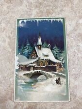 Antique HTL Christmas Postcard Country Village Church Hold To Light picture