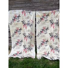 Vintage 1940s Salvaged Barkcloth Curtain Fabric Panels Floral Pagoda Houses picture