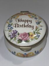 Eximious England Happy Birthday Ceramic Floral Trinket Jewelry Pill Box Vintage picture