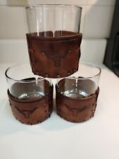 Lot of 3  Western Longhorn Brand Lowball Glasses & Leather Cozies picture