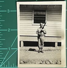 Vintage Photo Black White Snapshot Military Man Standing with His Gun Rifle picture