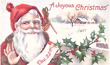 Santa Waves in Brown Trim Suit Snow Flurry Holly Joyous Christmas Postcard 1925 picture