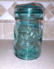 Vintage Blue Atlas E-Z Seal Embossed Pint Jar with Metal Bail & Glass Lid picture