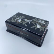 Vintage Black Lacquer Asian Oriental Hand Painted Mother of Pearl Bird + Flowers picture