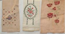3 c. 1940's - 1950's Vintage Hand Embroidered Linen Hand Towels  picture