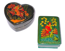 2 Vintage small Russian Lacquer Boxes Heart  Palekh ,Green Mstera picture