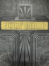 Holy Pictorial Family Bible Old/New Testament Black Leather Tooled Vintage USA picture