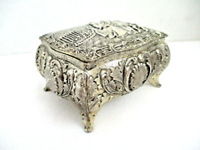 Antique Footed Ornate Silver-P Trinket Box w/ Red Felt Inlay, Japan picture