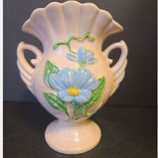 Vintage Hull Art Pottery Blue Magnolia Floral Fan Vase Double Handled H-6- 6 1/2 picture