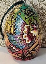 Vintage Wood Lacquer Egg Hand-Painted Gold Peacocks & Floral Decor Folk Art EUC  picture