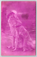 C1930 Postcard Magenta Shade Cyanotype Girl With Borzoi Russian Wolfhound picture